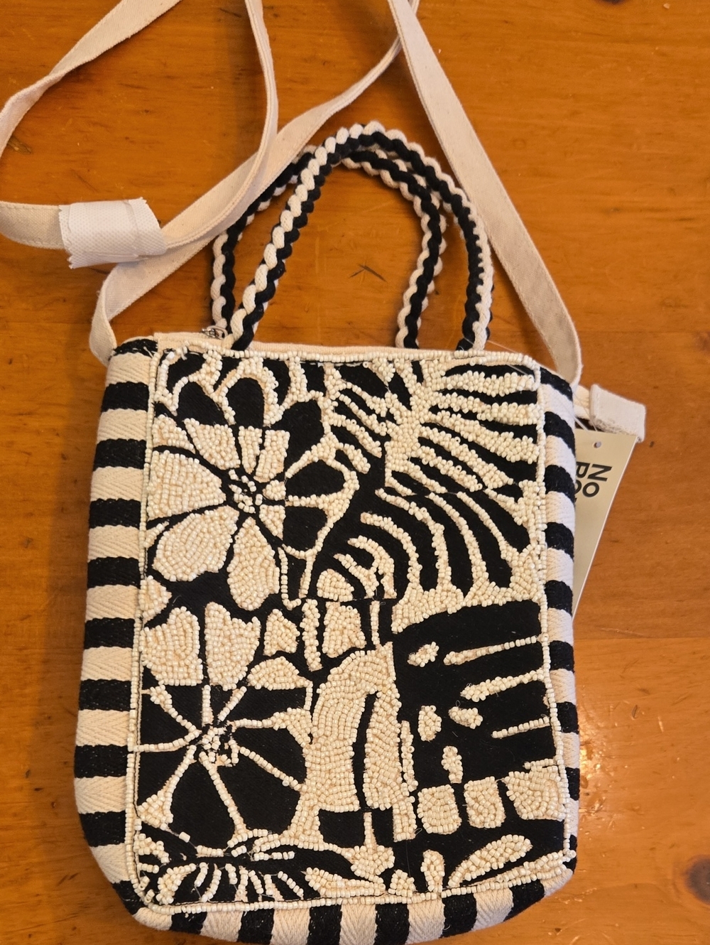 Black & White Beaded Floral Crossbody Bag
